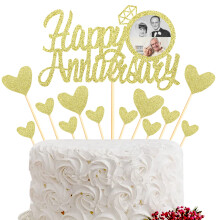 Sumerk Happy Anniversary Cake Topper, 13pcs Gold Glitter Cake Toppers Cake Decorations Set for Wedding Anniversary Celebration Party