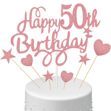 50th Birthday Cake Topper Set, Happy 50th Birthday Cake Topper with Heart Star Cupcake Picks Glitter Decoration for Party Supplies, Rose Gold