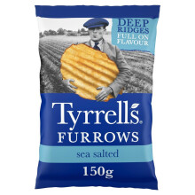 Tyrrells Crisps Furrows SEA SALTED 150g Sharing Bag - Hand-cooked & spun for an exquisite fresh taste. No artificial ingredients (No artificial