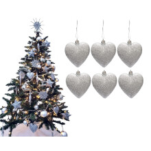 Simply Products 6 Heart Baubles - Great Christmas Tree Decorations, Glitter Heart Baubles (Silver Glitter)