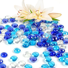 Deepton Glass Pebbles, 150 Pcs Glass Beads for Vases Approx 380g, Flat Glass Stones Blue Mixed Sparkling Glass Pebbles for Vases Aquarium Landscaping