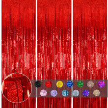 COSORO 3pcs Tinsel Curtain Red Glitter Foil Door Party Backdrop, 3.2x6.5ft Metallic Fringe Streamers, Shimmer Tassel Decorations for Birthday