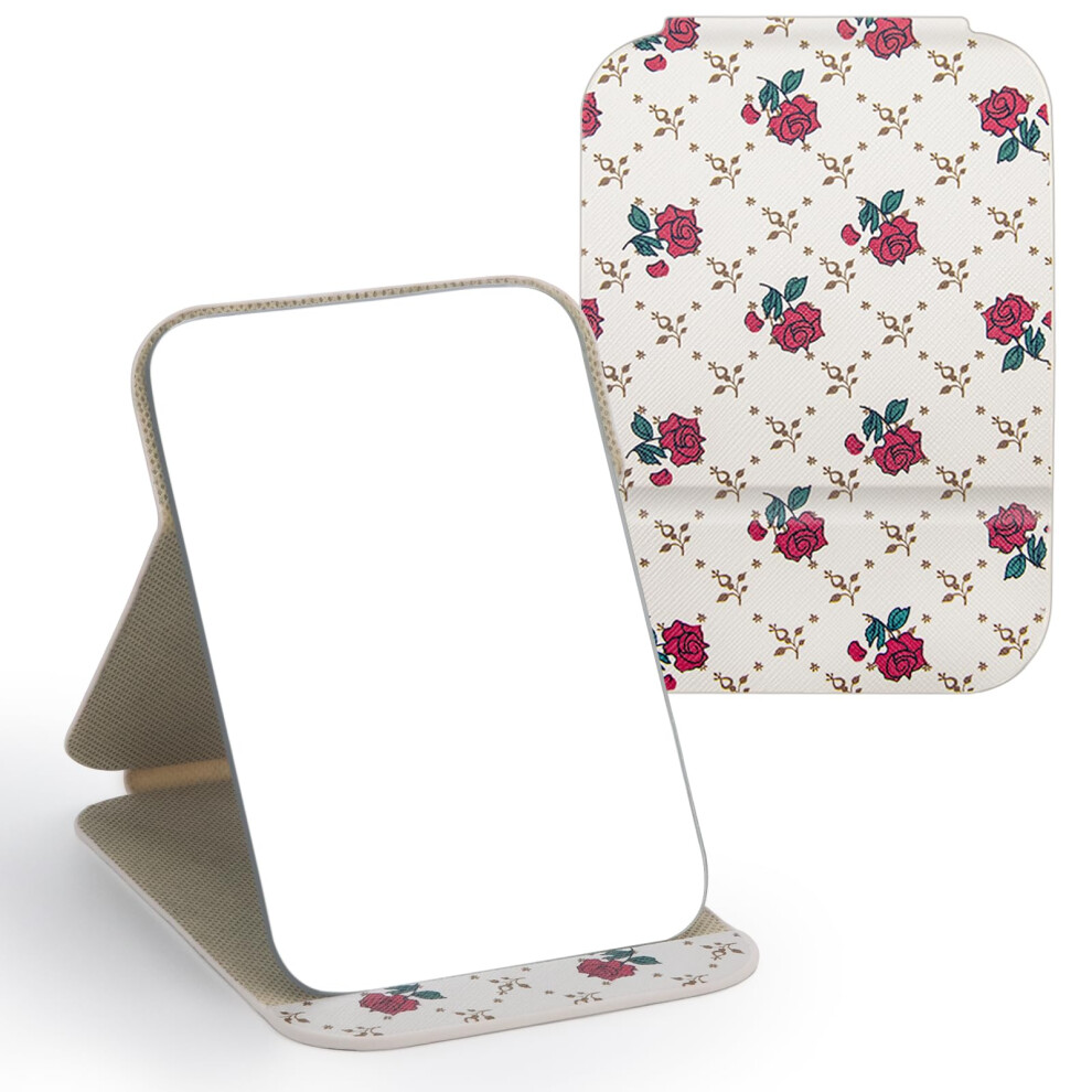 Owlkela 16X11cm Portable Folding Mirror, Super Hd Compact Makeup Mirror, Floral Pu Leather Tabletop Foldable Mirrors, Free Standing Vanity Mirrors For