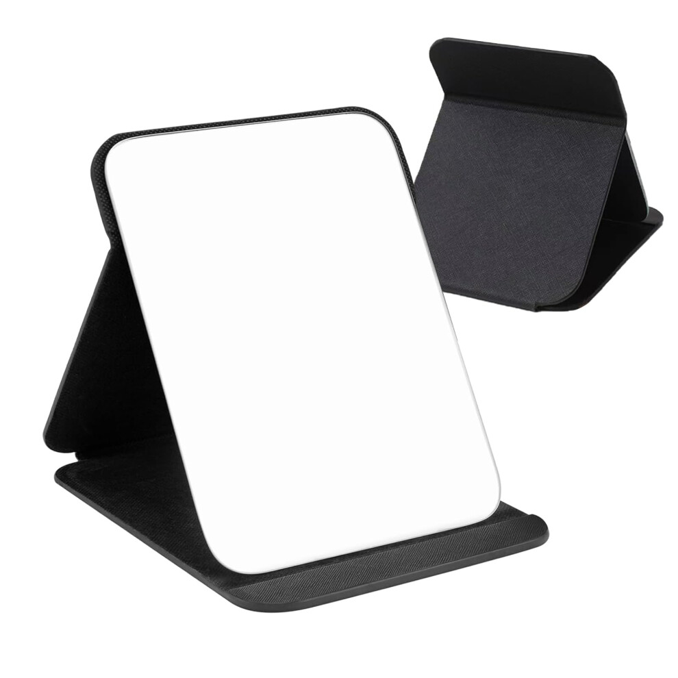 Aiweijia Black Portable Folding Mirror - 16X11cm Pu Leather Free Standing Vanity For Office Desk, Travel, Camping