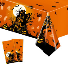 2pcs Disposable Table Cover, 137 * 274cm Rectangle Tablecloth Orange Skeleton Waterproof Tablecovers for Indoor or Outdoor Halloween Party Dinner