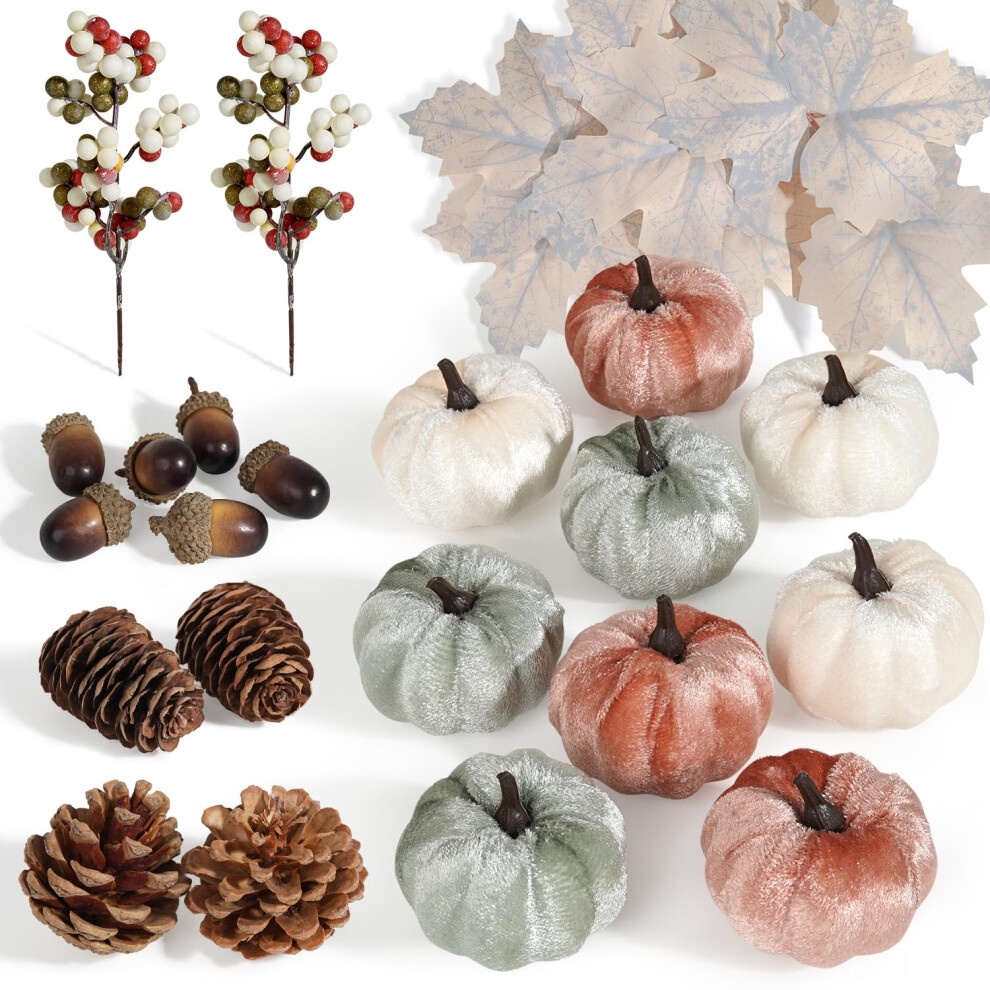 Miaikoe 25 Pcs Pumpkin Decor Set, Artificial Fabric Pumpkins Decor With Acorns, Pinecones, Berries, Maple Leaves For Fall Autumn Halloween 5051225131463