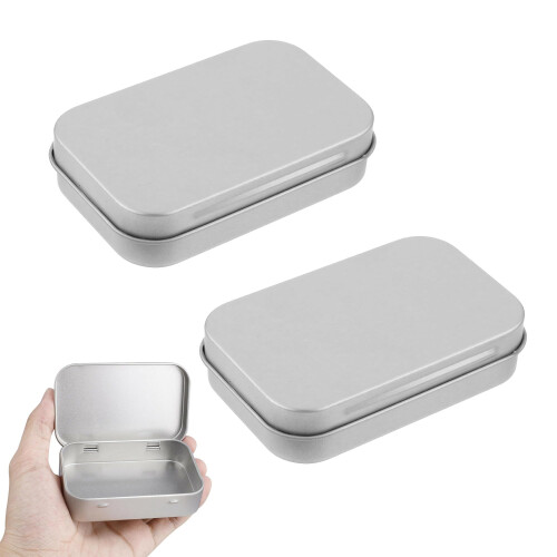 Gaaines 2 Pcs Rectangular Small Tin Boxes,Metal Tins Rectangular Empty Hinged Tins,Small With Lids for Candy Key Earring Coin Organizer(Silver)