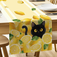 ANATTASOUL Spring Table Runner Lemon and Black Cat 13"x72" Stripes Table Decorations, Durable Summer Dining Decor for Home Kitchen Party Room