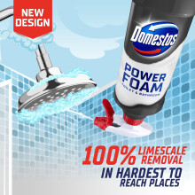 Domestos Power Foam Limescale Remover Toilet & Bathroom Cleaner Spray sprays upside down & eliminates 99.99% of germs* for 100% limescale removal