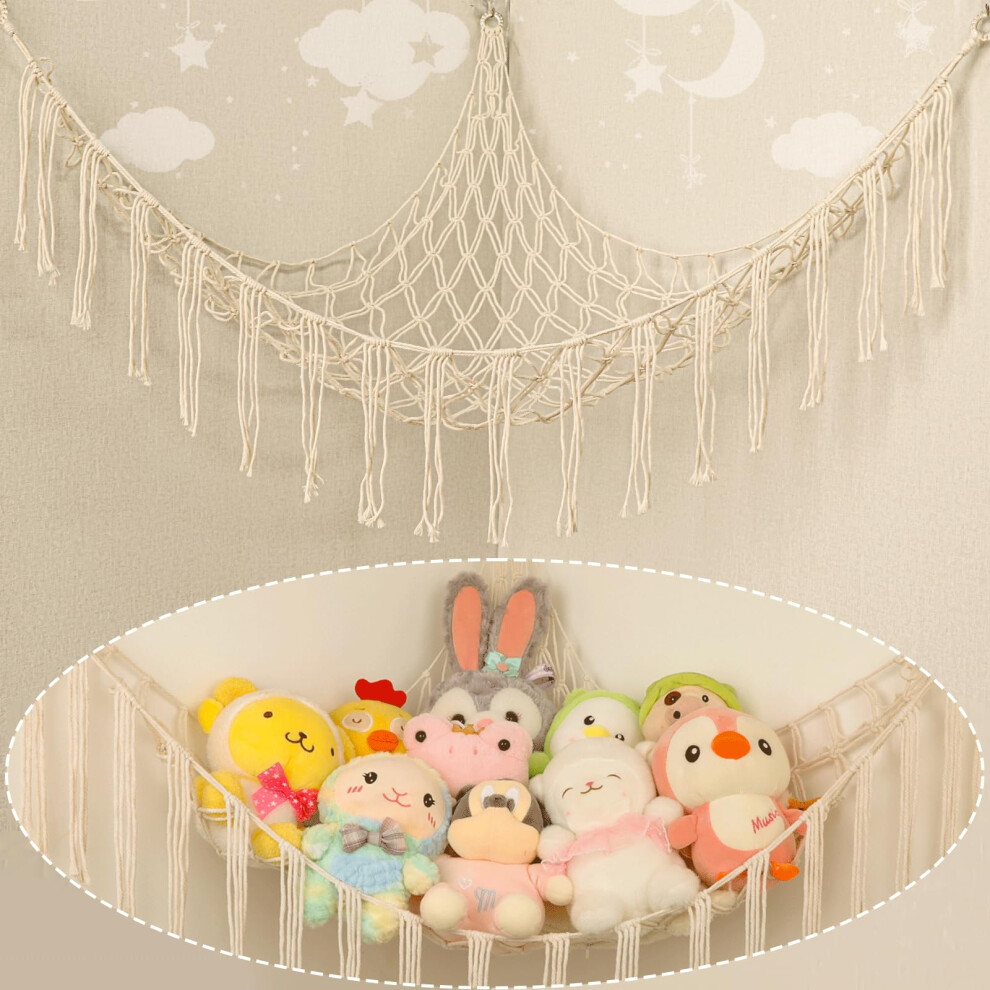 Stuffed Animal Hammock Corner, Hand-Knitted Large Plushie Net Toy Hammock With Wooden Rings | Boho Cute Stuff Animal Storage For Nursery & Bedroom Yelienm