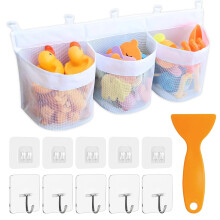Bath Toy Storage, Bathroom Toy Storage Bags with 3 Large Compartment Openings, Hanging Bath Toy Net with 10PCS Strong Self Adhesive Hooks & 1PC Small