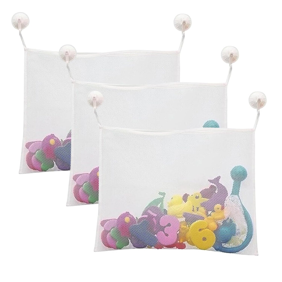 3-Piece Mesh Bath Toy Organizer With Powerful Suction Cups For Quick-Drying Bathroom Storage Kaquxibix