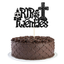 Gyufise 1Pcs Rip Twenties Cake Topper Black Glitter Death to My Twenties Cake Pick Rip to My 20s Cake Decorations for Rip 20s Funeral Happy Youth 30th