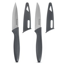 CULINARE 2 Piece Knife Set, Grey, Stainless Steel, 9cm Ultra Sharp Blades, 2 x Kitchen Knives with Protection Covers, Smooth Cutting/Firm
