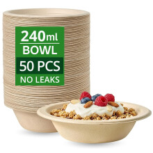 Ask Packaging 50 Pack Strong Paper Bowls ? 240ml Small Disposable Compostable Bagasse Bowl for Party ? (4.5 x 1.77 inches) Biodegradable Microwavable
