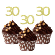 Sumerk 24PCS 30 Cupcake toppers Gold Glitter 30th Birthday Cupcake Picks Anniversary Party Decorations