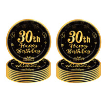 30th Birthday Paper Plates 9?Black and Gold Paper Plates,16Pcs Disposable Tableware Party Plate,Happy 30thBirthday Decorations Plate for