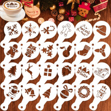 Qpout 24pcs Merry Christmas Cookie Coffee Stencil Baking Templates, Reusable Washable Cake Candy Drawing Templates, Snow Gingerbread Man Dessert