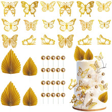 TYXHXTF 42 Pcs Paper Palm Fan Cake Decorations - Gold Palm Leaf Cake Toppers, Butterfly Cake Toppers, for Birthday Party Wedding Party D?cor