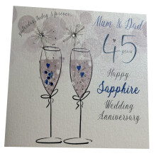 White Cotton Cards Champagne Flutes Mum & Dad On Your Sapphire Anniversary Handmade 45th Anniversary Card, White, P45M