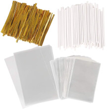 320pcs Cake Pop Sticks and Bags Kit, 100pcs Lollipop Sticks with 110pcs Cellophane Cake Pop Bags and 110pcs Gold Twist Ties for Crafts Making
