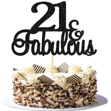 Gyufise 3Pcs 21 & Fabulous Cake Topper Black Glitter Twenty One and Fabulous Cake Toppers Happy 21st Birthday Cake Pick for 21st Wedding Anniversary