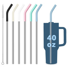 ALINK Replacement Straws for 40 oz Stanley Tumbler, 6Pcs Reusable Straight Long Stainless Steel Metal Straws with 6 Silicone Tips and 1 Straw Cleaning