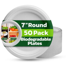 Paper Plates 7 Inch [50 Count] ? 100% Compostable Bagasse Plates | Heavy Duty White Sugarcane Plate, Eco-Friendly, Biodegradable, Plastic-Free