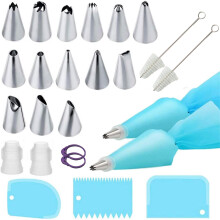 Silicone Piping Bags, 23 pcs Stainless Steel Nozzles Set with Coupler, 2 Reusable Icing Piping Bag with 2 Cleaning Brush & 3 Dough Scrapers for