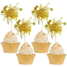 Gyufise 30Pcs Star Foil Firework Cupcake Toppers Sparkle Tinsel Cake Toppers Tinsel Drink Cake Decoration Cocktail Picks for Birthday Wedding