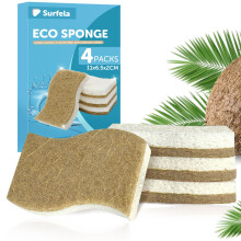 Surfela 4 Pack Eco Washing up Sponge, Compostable, Natural, Eco-Friendly Kitchen Cleaning Dish Sponges, Biodegradable Non Scratch Scourers for Heavy