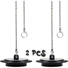 2Pcs Chain Drain Stopper, 43mm Universal Bath Plug with Long Metal Ball Chain and Hanging Ring, Chrome & Rubber Sink Plug Drain Cover Trap Strainer
