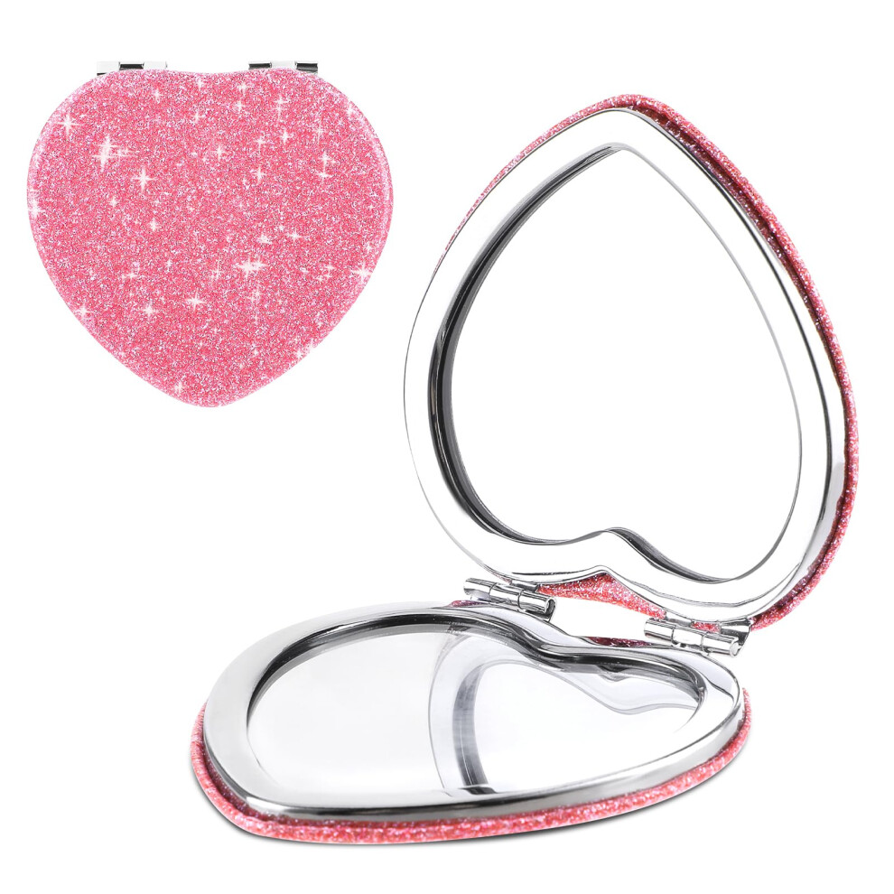Yuxianlb Compact Mirror For Purse, Heart Shaped Double-Sided 1X/2X Magnifying Glitter Mini Vanity Mirror Travel Portable Pocket Makeup Mirrors For