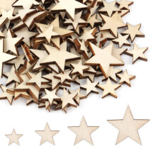 100Pcs Wooden Star, Mini Blank Wooden Craft Ornaments, 4 Sizes Unfinished Wood Cutout Embellishment for Easter Valentine Thanksgiving Wedding Party