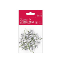 Create Christmas Decorative Berries 24 Pack, Silver, Craft, Embellishment, Handmade Cards, Crafting Accessories, Mini Decorations, Festive Craft