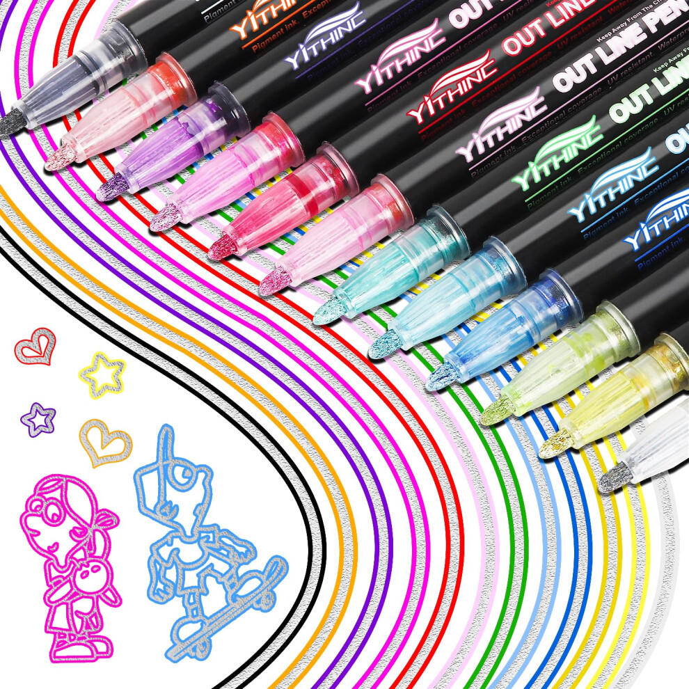 Yithinc Glitter Pens Outline Marker Pen, 12 Sparkle Metallic Colouring Pens, Arts And Crafts Gift For Kids Girls, Teenage Girls Gift, Easter Gifts For