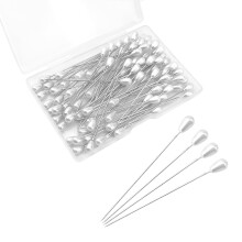 Desenda 100 PCS Corsage Pins with Box, Long Straight Wedding White Teardrop Pearl Head Boutineer Boutonniere Prom Bouquet Pins for Quilting Sewing