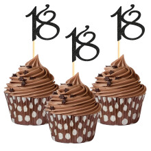 Sumerk 24PCS 18 Cupcake toppers Black Glitter 18th Birthday Cupcake Picks Anniversary Party Decorations