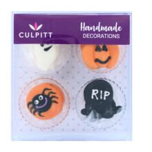 Culpitt Halloween Cake Decorations, Ghost, Pumpkin, Gravestone and Spider Cupcake Decorations, Edible Sugar Cake Toppers ? Pack of 12