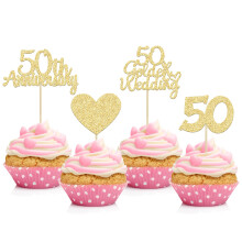 Gyufise 24pcs 50th Golden Wedding Anniversary Cupcake Toppers - Gold Glitter Heart Cake Decoration for Celebration Party Supplies