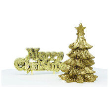 Anniversary House 2pcs Gold Tree Resin Cake Topper & Gold Merry Christmas Motto Luxury Boxed Cake Decorations, Xmas Cake Toppers, Yule Log Decoration,
