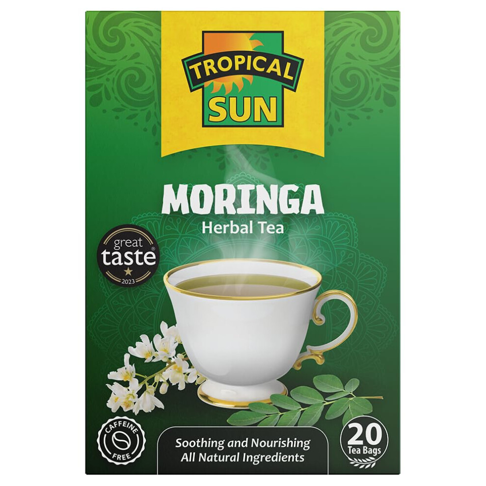 Tropical Sun Moringa Tea 20 Tea Bags, 100% Dried Moringa Oleifera Leaves, Caffeine Free Herbal Tea, Natural Plant Based Infusion