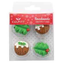 Culpitt Holly & Christmas Pudding Sugar Decorations, Edible Royal Icing Decorations, Multi-Coloured Green Festive Cake and Cupcake Toppers, Pack of 12