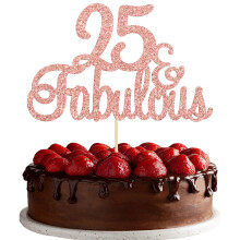 Gyufise 3Pcs 25 & Fabulous Cake Topper Rose Gold Glitter Fifteen and Fabulous Cake Toppers Happy 25th Birthday Cake Pick for 25th Wedding Anniversary