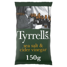 Tyrrells Crisps SEA SALT & CIDER VINEGAR 150g Sharing Bag - Hand-cooked & spun for an exquisite fresh taste. No artificial ingredients (No artificial