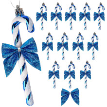 HERZWILD 12Pcs Candy Cane Christmas Decorations Plastic Candy Cane Christmas Glitter Candy Cane with Bow Tree Hanging Ornament (Blue)