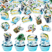 Blumomon 40Pcs Edible Gone Fishing Cake Topper Fish Cake Decoration Fishermen Bait Angling Boat Themed Happy Birthday Cake Decoration for Girl Boy