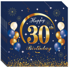 20P Navy Blue Gold 30th Birthday Paper Serviettes Napkins,Boys Happy 30th Birthday Party Napkins Disposable,Birthday Serviettes Tissue Beverage