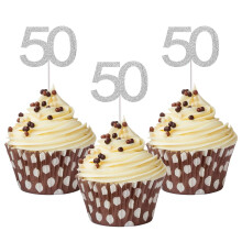 Sumerk 24PCS 50 Cupcake toppers Silver Glitter 50th Birthday Cupcake Picks Anniversary Party Decorations