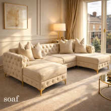(Cream Velvet, U-Shape Corner) Luxury U-Shaped Corner Sofa Set Chesterfield Plush Velvet Couch Longue Settee 5 to 6 Seater UK